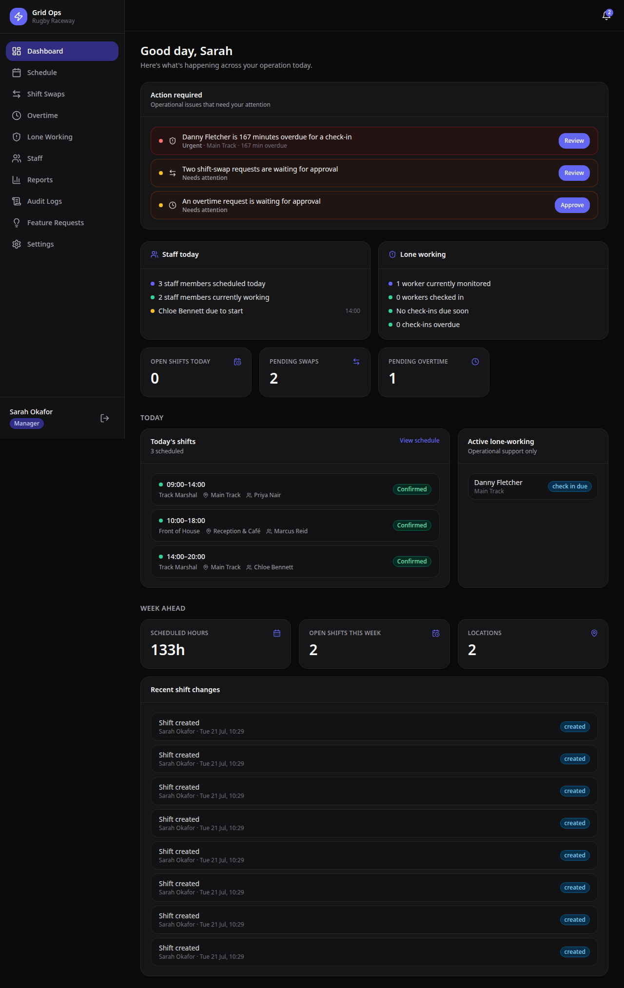 GridOps operations dashboard with live actions and shift status