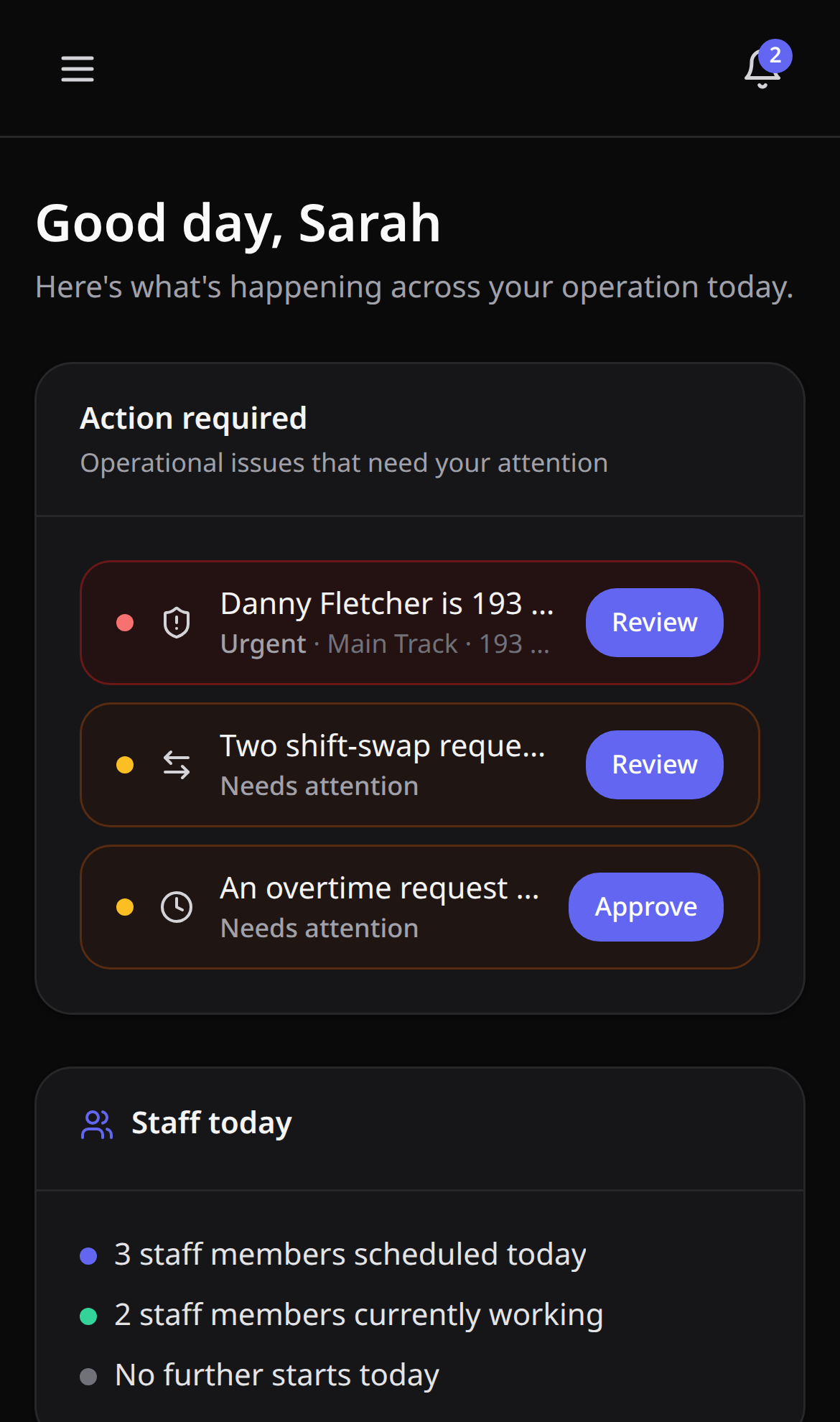 GridOps mobile dashboard showing live lone-working status and staff check-in state